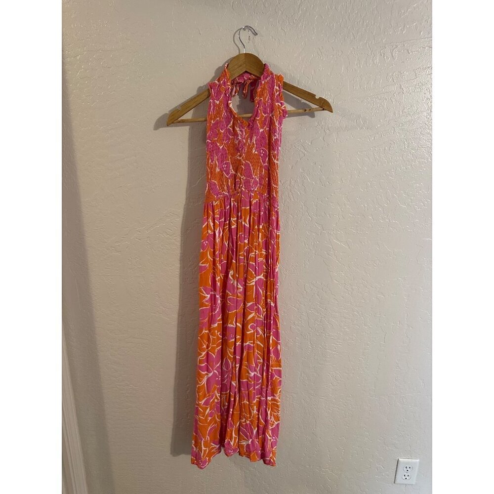 Y Japna Rayon Orange & Pink Beachy Crinkle Floral Print Feminine Spring Dress